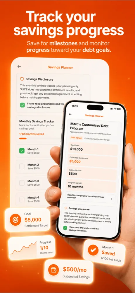 SLICE Savings Planner screen tracking monthly savings goals toward a settlement target.