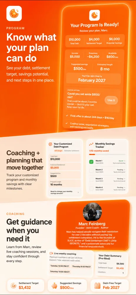 SLICE program summary showing debt, settlement target, and savings potential alongside founder coaching.