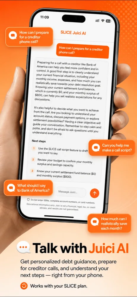 SLICE Juici AI chat giving personalized guidance on preparing for a creditor call.