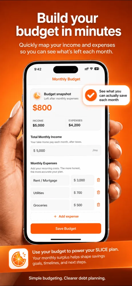 SLICE Monthly Budget screen mapping income and expenses to see what's left to save each month.