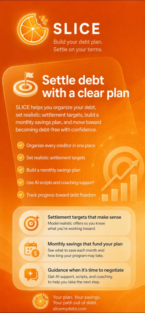 SLICE brand summary: organize creditors, set settlement targets, build a savings plan, and get AI and coaching support.